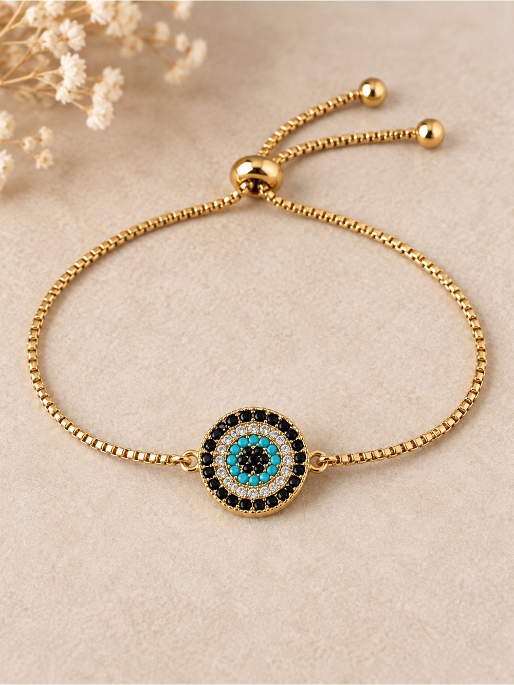 Gold Plated Evil Eye Adjustable Slider Bracelet Turquoise Black